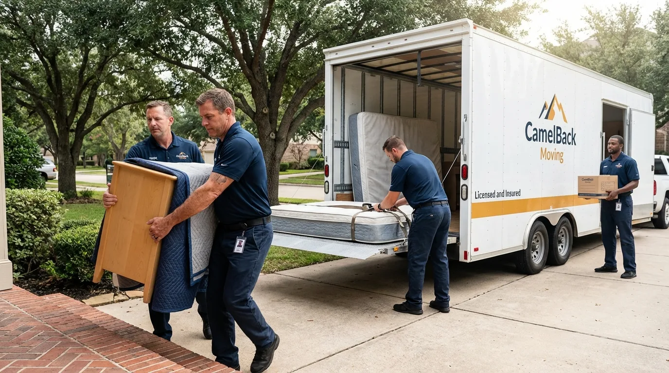 Crew loading residential truck for cross-state move from Lewistown, IL