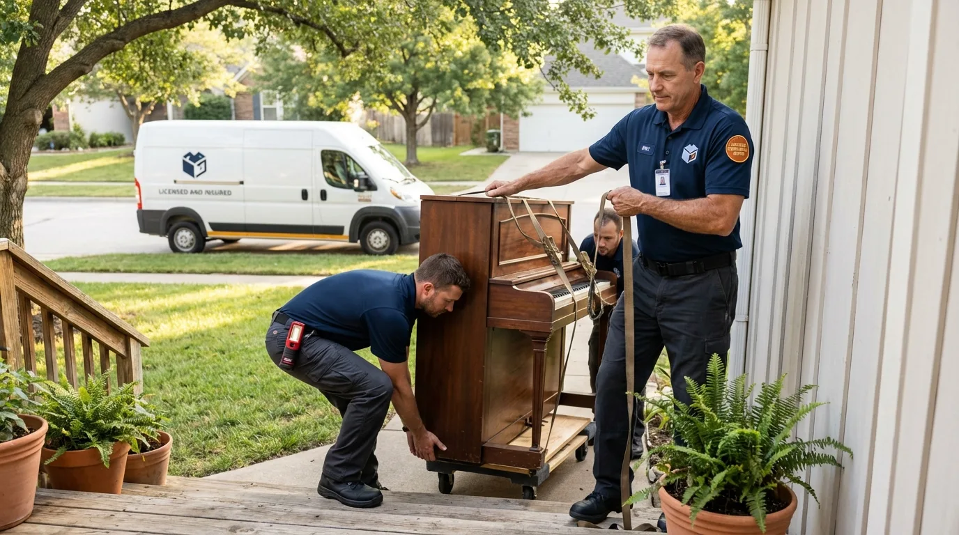 Licensed piano movers securing grand piano in Lewistown, IL
