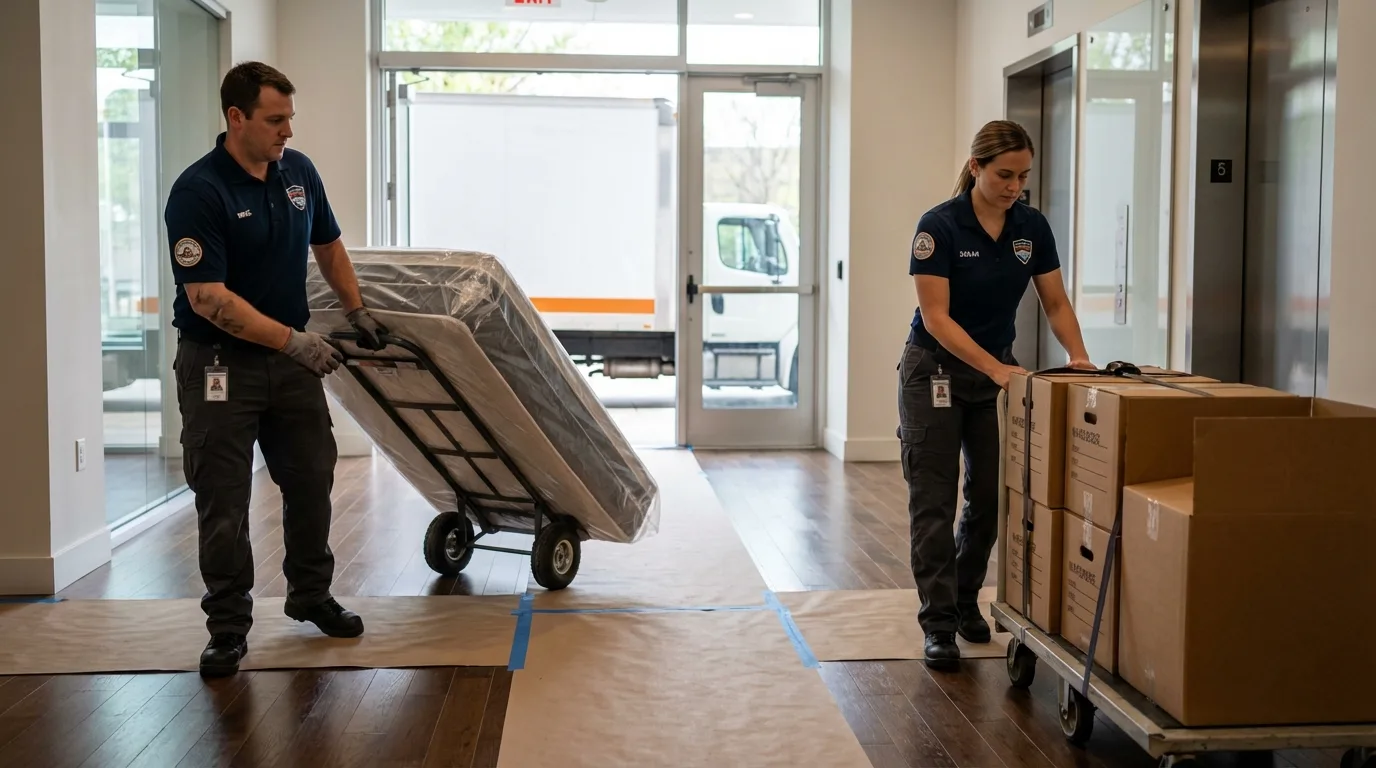 Professional apartment movers loading elevator in Lewistown, IL